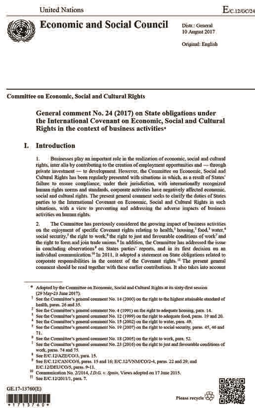 General comment No. 24 (2017) on State obligations under the International Covenant on Economic, Social and Cultural Rights in the context of business activities